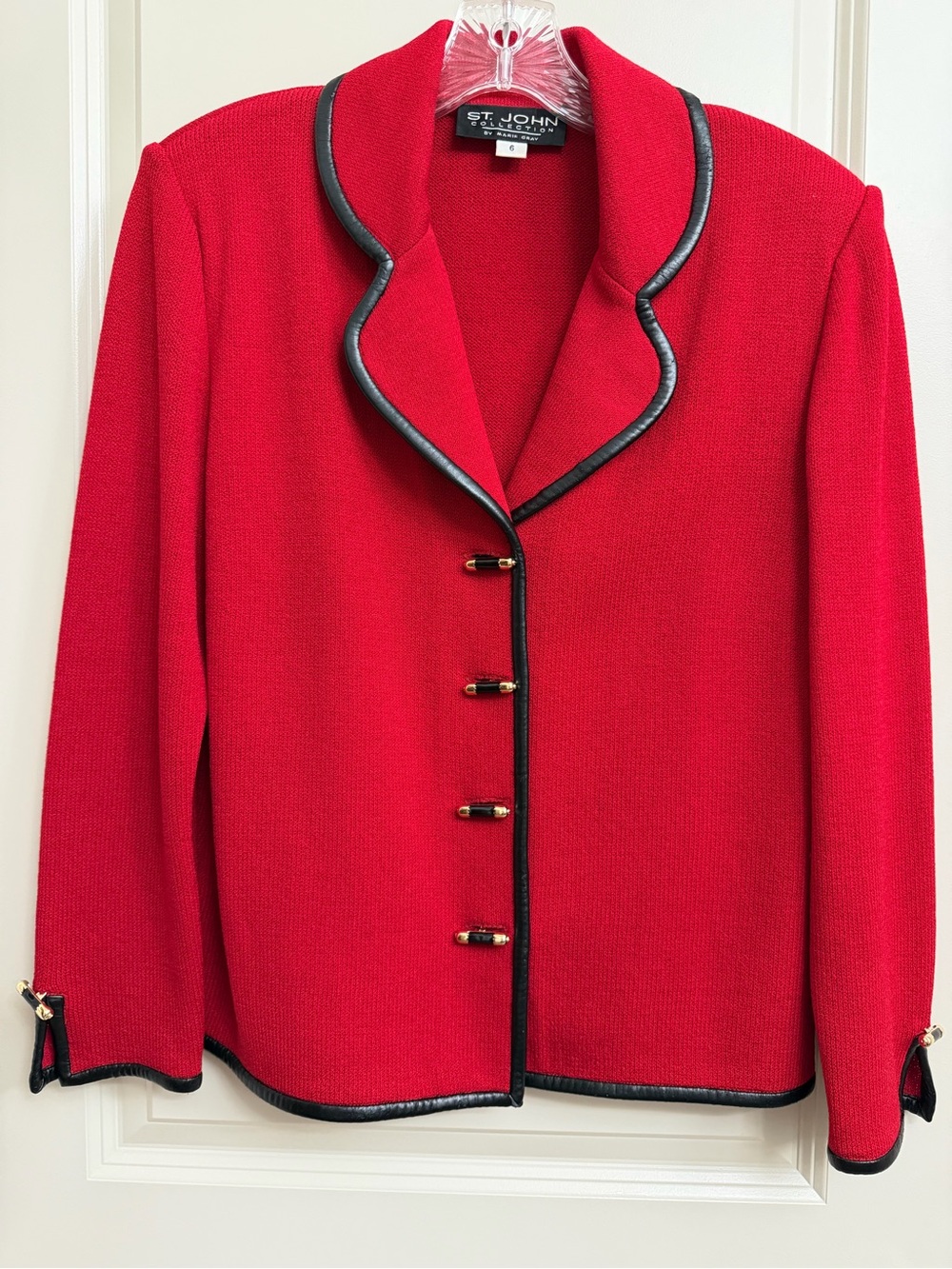 St. John Red Knit Jacket with Black Trim